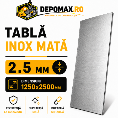 Tabla inox mata AISI 304 2B, 2.5 x 1250 x 2500 mm, 3.125 mp